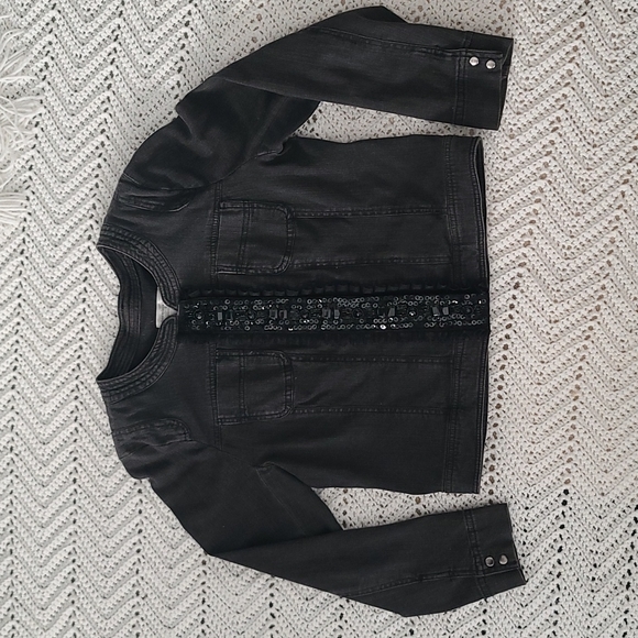 Faded black gray denim jacket with sequins and ribbon detail size medium - Picture 1 of 9